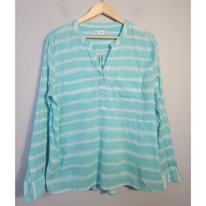 Carve Designs Womens L Organic Cotton Blouse Stripe Roll Tab Long Sleeve Green